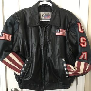 Men’s American flag USA black genuine leather bomber jacket size M chest 48”
